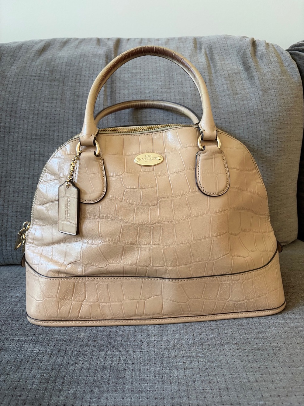 Coach Croc-Embossed Satchel in Beige-Tan with Gold Hardware